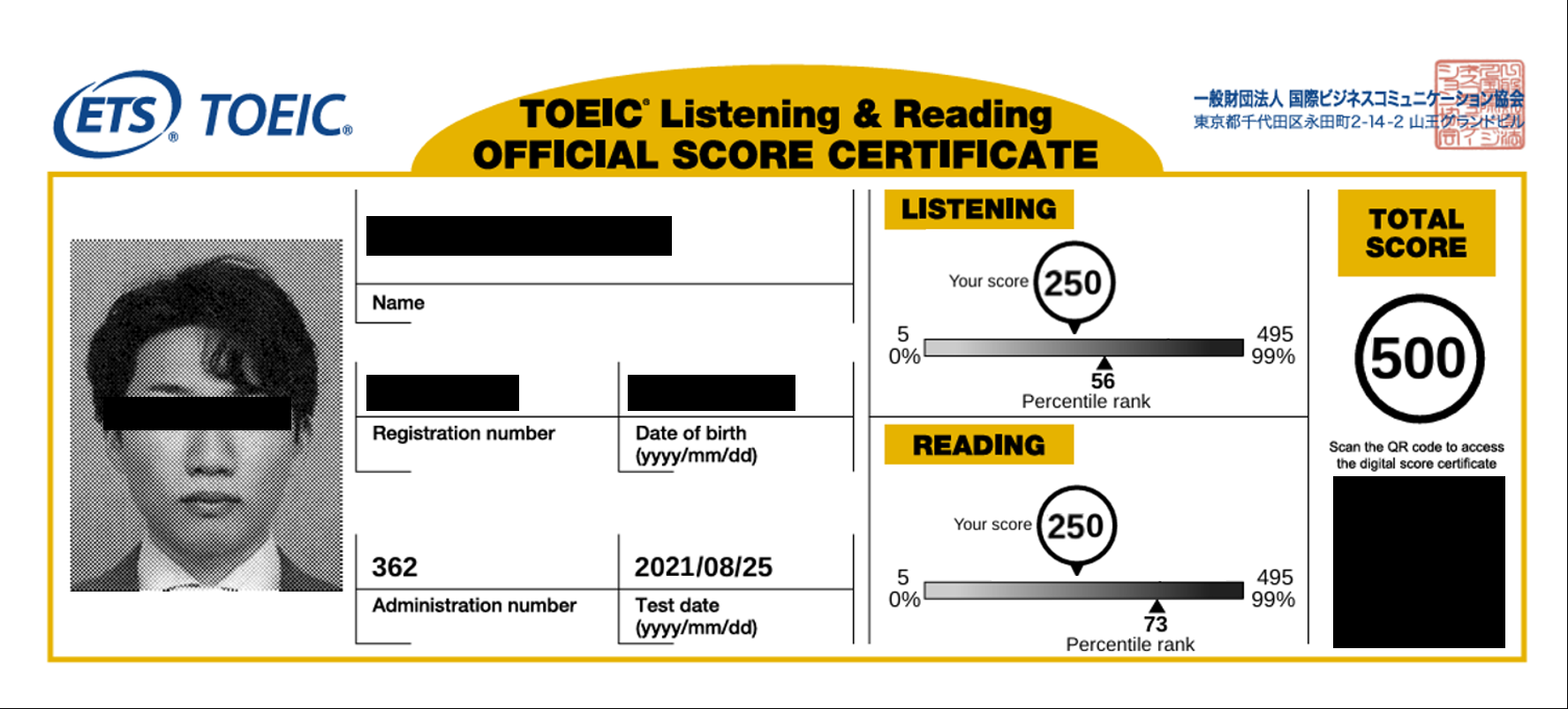TOEIC Listening & Readingのスコア500点。氏名・生年月日・受験者番号・目元・QRコードを黒塗り